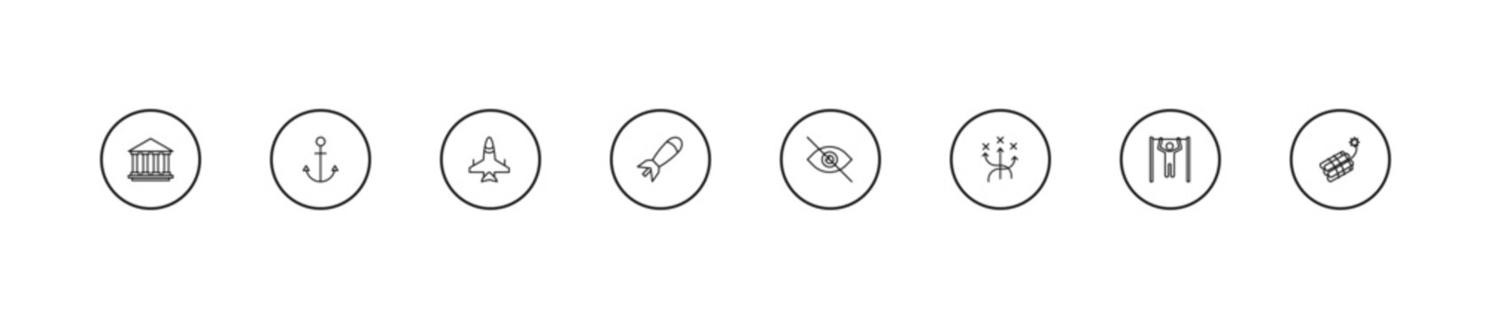 outline army and war icons set - jet, airplane bomb, stealth. editable vector for web and mobile ui