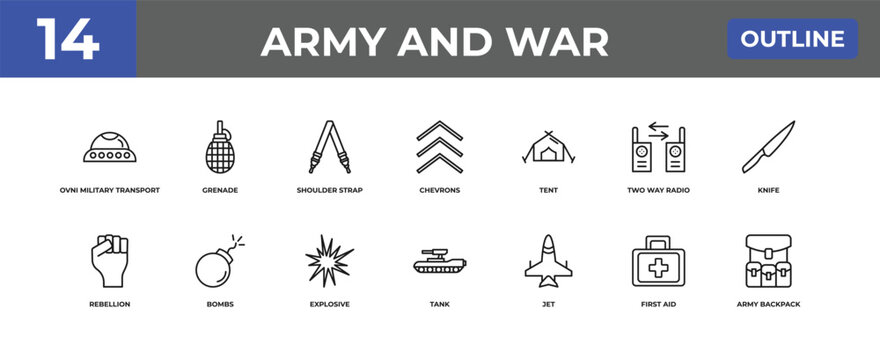 outline army and war icons set - ovni military transport, grenade, first aid. editable vector for web and mobile ui