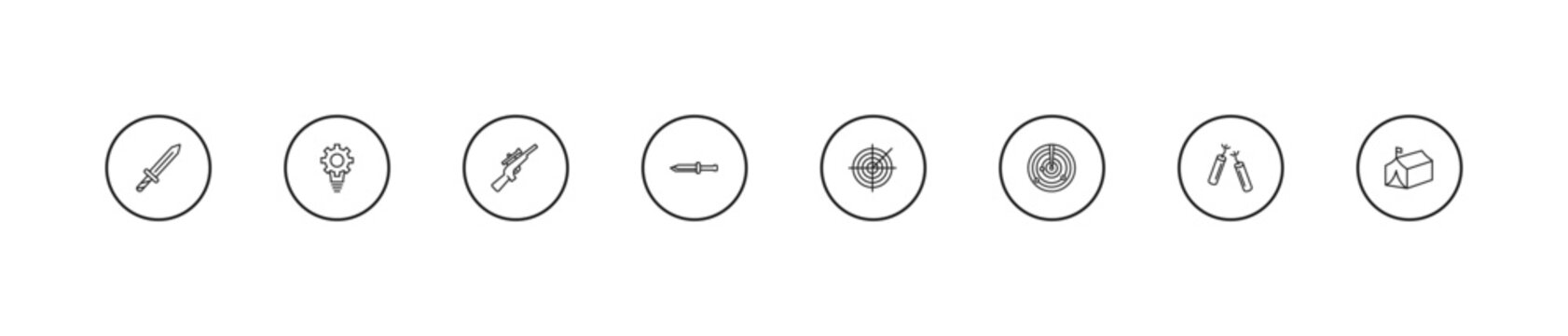 outline army and war icons set - rifle, military knife, militar radar. editable vector for web and mobile ui