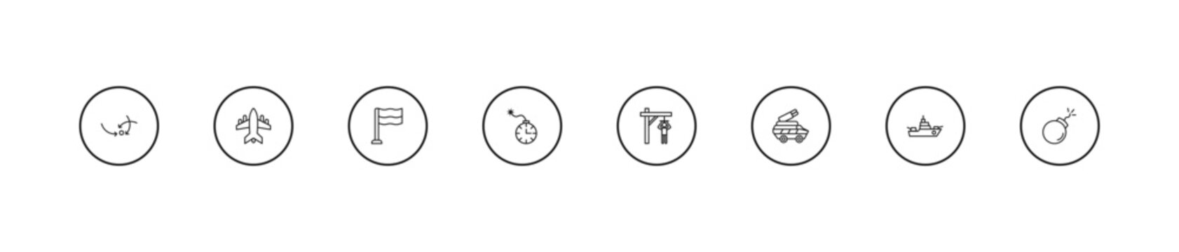 outline army icons set - patriot, time bomb with clock, torture. editable vector for web and mobile ui