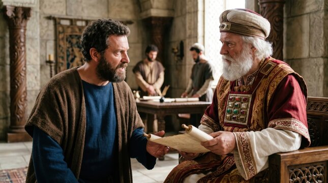 Saul talking to high priest in ancient temple. Man receiving order to arrest disciples. Biblical scene from Acts of the Apostles. Historical drama, religious narrative, Middle East past.