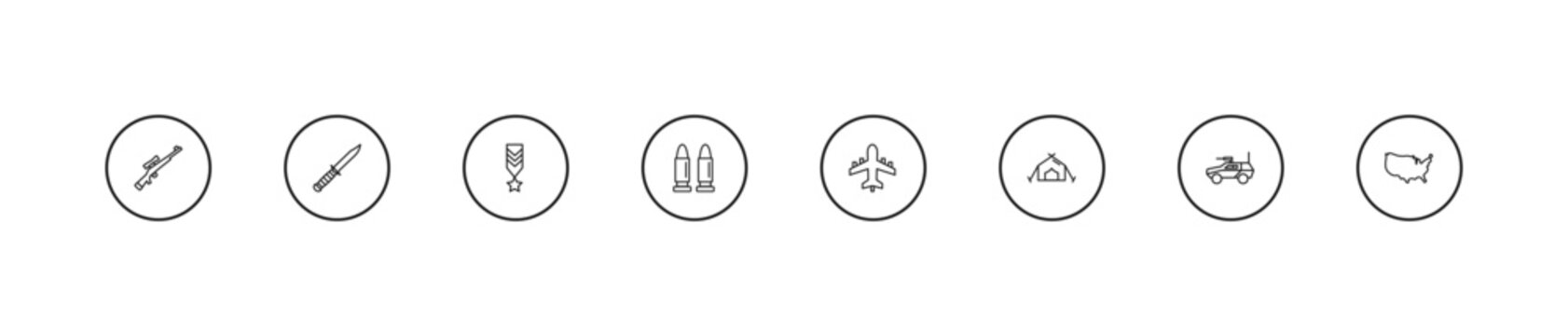 outline army icons set - militar in, bullets, plane. editable vector for web and mobile ui