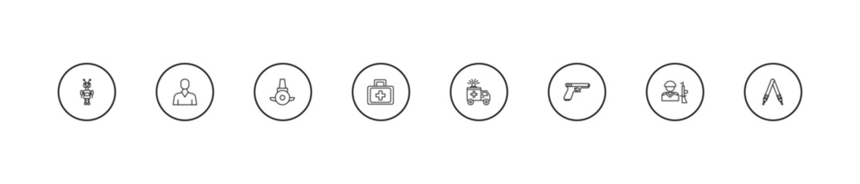 outline army and war icons set - submarine front view, first aid, ambulance. editable vector for web and mobile ui