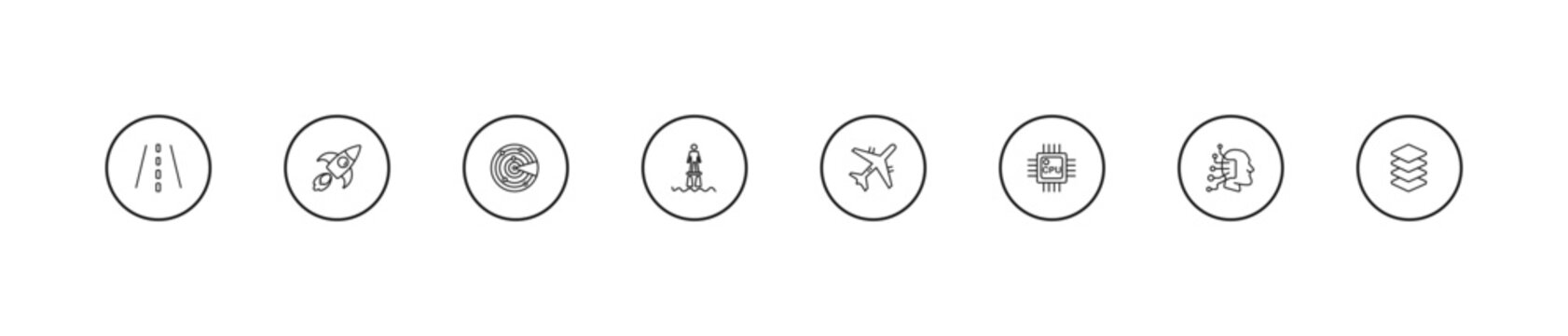 outline artificial intelligence icons set - detection, flyboard, aeroplane. editable vector for web and mobile ui