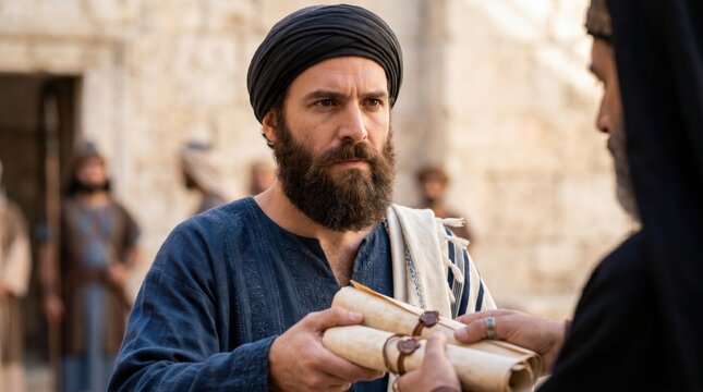 Saul of Tarsus receiving official letters of authority from a high priest. Biblical scene from Acts 9. Period drama depicting a man in ancient attire seeking to persecute followers.
