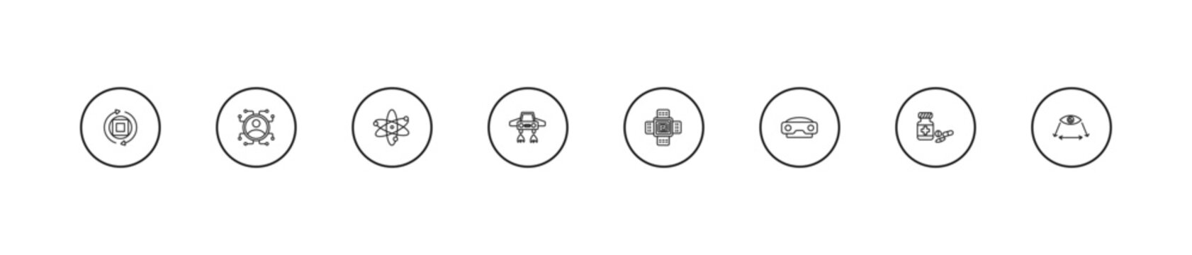 outline artificial intellegence icons set - science, fyling vehicle, nano sensor. editable vector for web and mobile ui