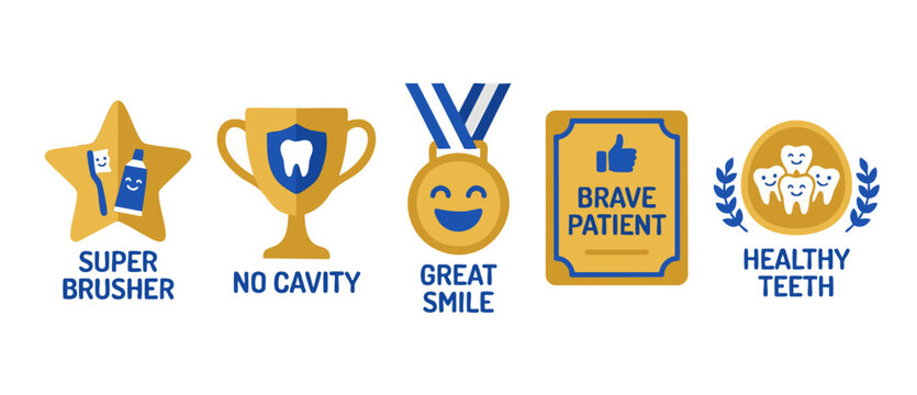 Dental Reward Icons Set for Children, Super Brusher and Healthy Teeth Awards with Gold Trophies and Medals for Pediatric Dentistry Patients, Cute Vector Illustrations of Oral Care Success Milestones