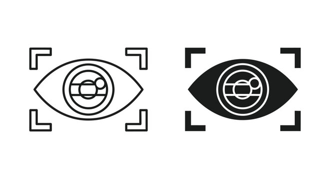 Eye with scanning target icon for biometrics and surveillance in outline and solid black vector
