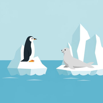 A cute cartoon penguin and a seal in the icy ocean, resting on icebergs in a minimalist style