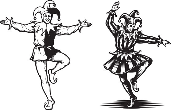 Dancing medieval jester. Vintage engraving vector illustration. Logo, emblem, woodcut. Black and white line art