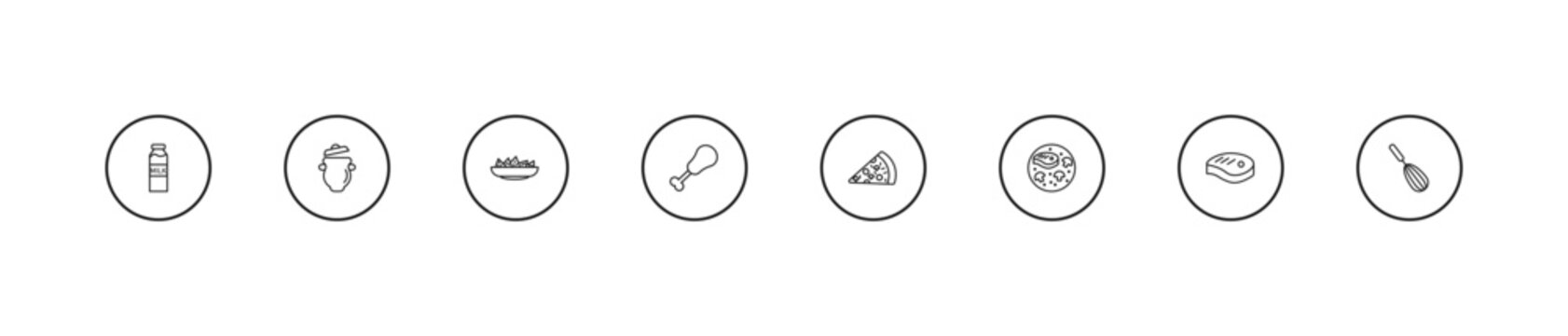 outline bistro and restaurant icons set - nachos plate, fried chicken thighs, pepperoni pizza slice. editable vector for web and mobile ui