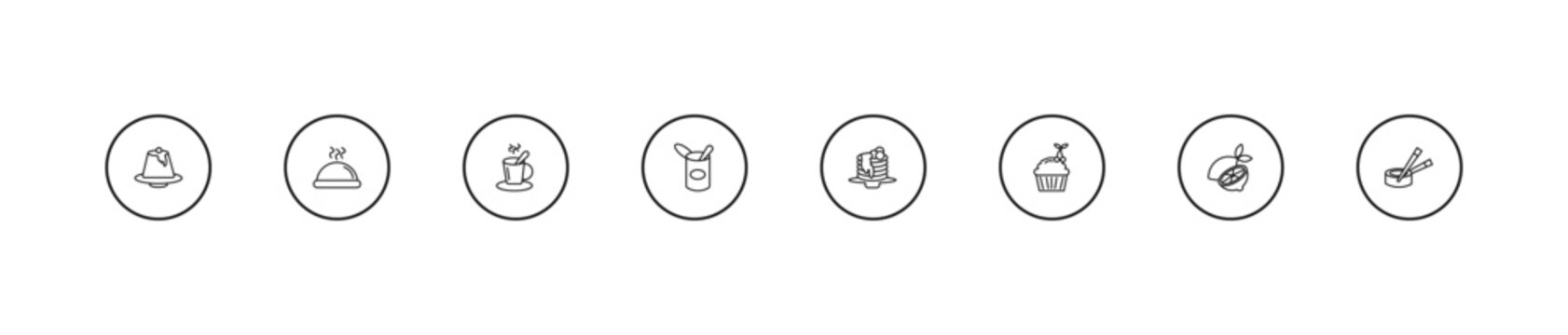 outline bistro and restaurant icons set - breakfast cup, open tin with spoon, crepe and cream. editable vector for web and mobile ui