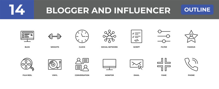 outline blogger and influencer icons set - blog, weights, fame. editable vector for web and mobile ui