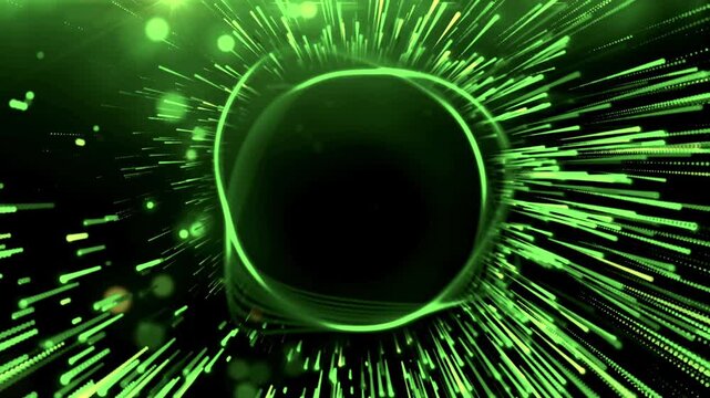 Green energy lines explode outward from a central glowing neon circle in a dynamic motion loop.