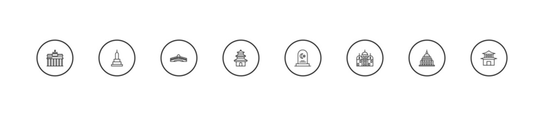 outline buildings icons set - rialto bridge, buddhist temple, islamic cemetery. editable vector for web and mobile ui © IconArt
