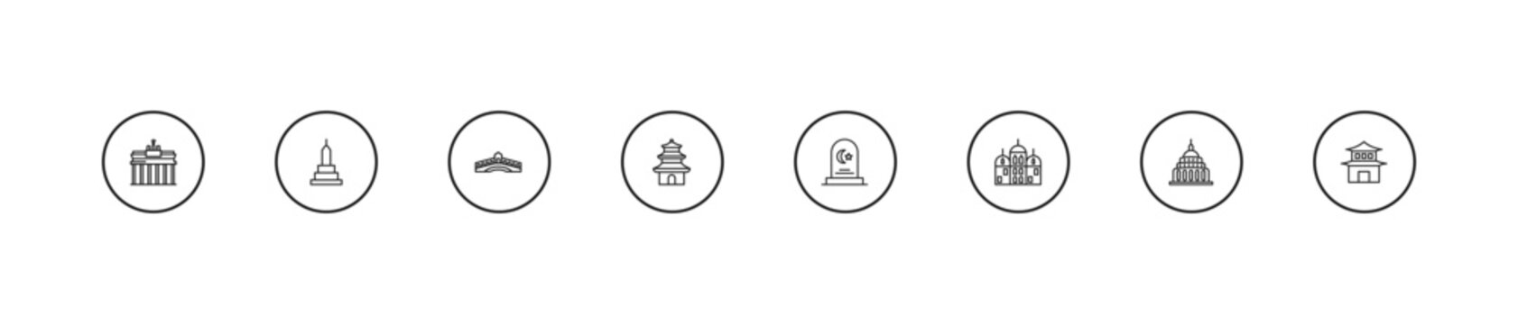 outline buildings icons set - rialto bridge, buddhist temple, islamic cemetery. editable vector for web and mobile ui