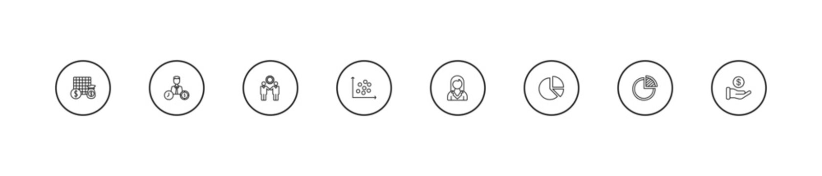 outline business icons set - partners in business, scatter chart, businesswoman. editable vector for web and mobile ui