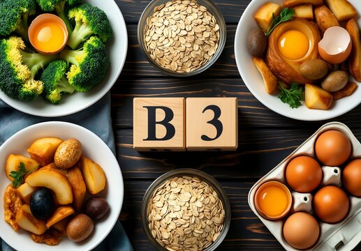 Assorted healthy food ingredients rich in vitamin B3 on dark wooden background