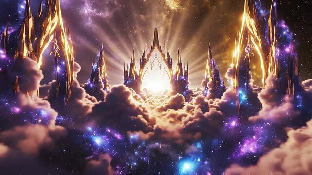 Ethereal flight through heavenly clouds paradise god astral concept. Fantasy glowing golden city in the clouds with bright radiant sunbeams and magical purple sky