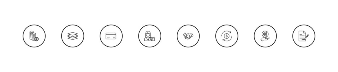 Fototapeta premium outline business icons set - bank card, woman with dollar bill, shaking hands. editable vector for web and mobile ui