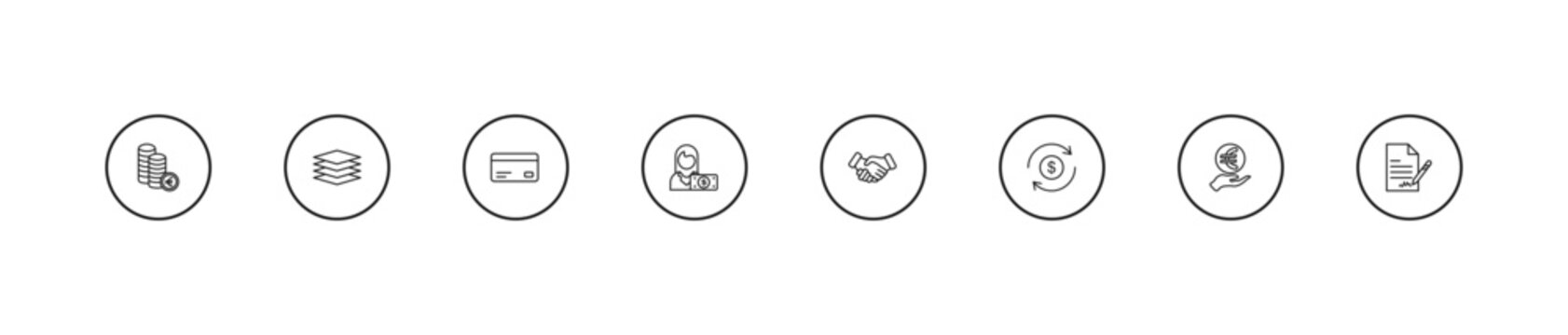 outline business icons set - bank card, woman with dollar bill, shaking hands. editable vector for web and mobile ui