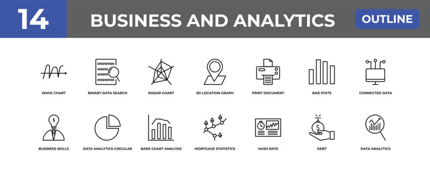 outline business and analytics icons set - wave chart, binary data search, debt. editable vector for web and mobile ui