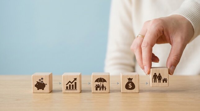 Wooden blocks featuring financial icons are arranged in a sequence as a hand completes the final step of a strategic plan, symbolizing the path toward achieving financial stability and long-term.