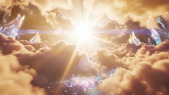 Ethereal flight through heavenly clouds paradise god astral concept. Bright sun shining through golden clouds with sparkling crystal formations in a dreamy sky landscape