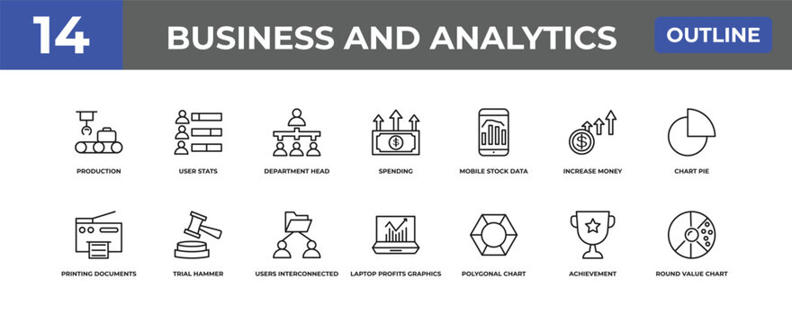 outline business and analytics icons set - production, user stats, achievement. editable vector for web and mobile ui