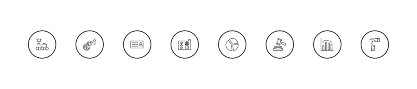 outline business and finance icons set - business card, business plan, circular chart. editable vector for web and mobile ui