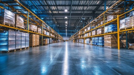 Obraz premium Optimizing logistics operations at a large distribution center with high ceilings and large storage areas
