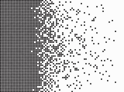 Digital Data Loss and System Failure Concept Featuring Pixelated Decay and Disappearing Square Elements on Clean White Surface
