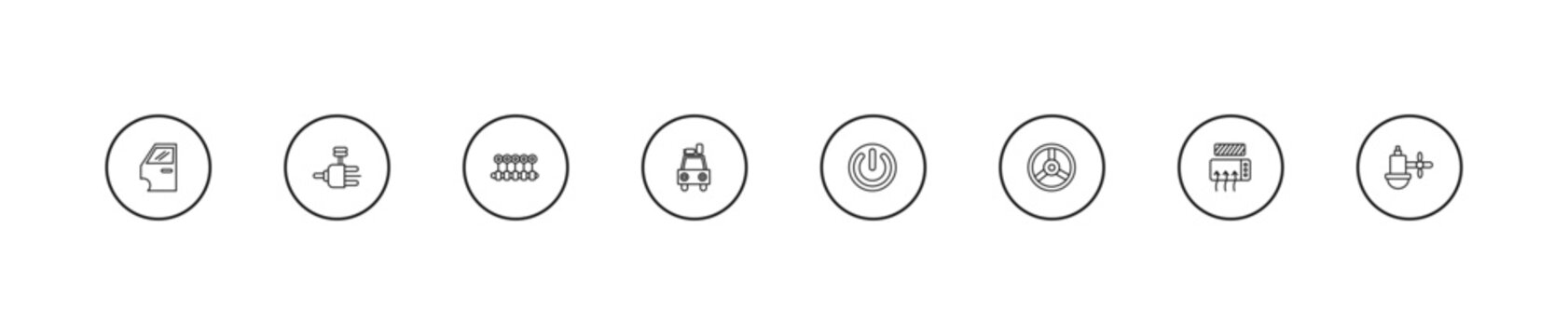 outline car parts icons set - car crankshaft, car luggage rack, ignition. editable vector for web and mobile ui