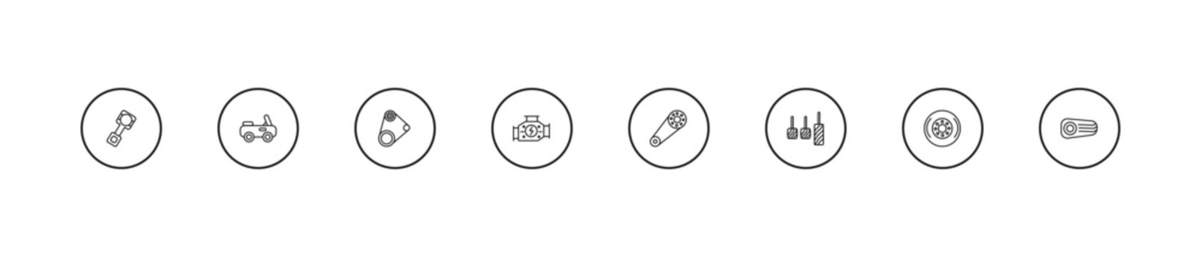 outline car parts icons set - car fan belt, car carburettor, camshaft. editable vector for web and mobile ui