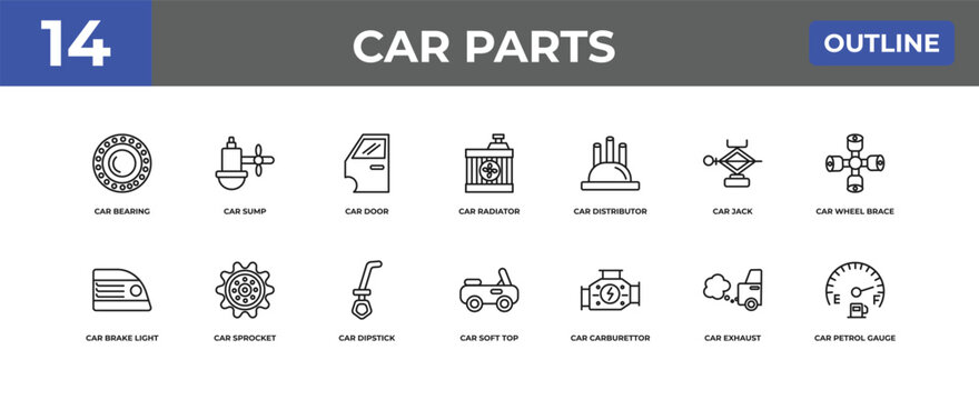 outline car parts icons set - car bearing, car sump, exhaust. editable vector for web and mobile ui