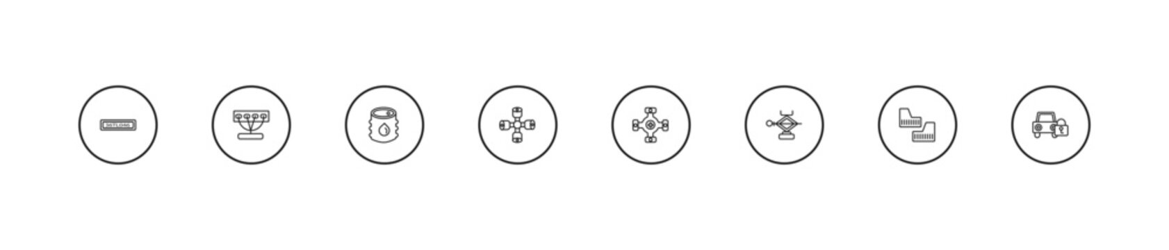 outline car parts icons set - car petrol tank, car wheel brace, universal joint. editable vector for web and mobile ui
