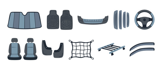 Car Accessories Set Collection, Automotive Interior Parts and Exterior Upgrades, Flat Vector Icons of Steering Wheel, Floor Mats, Roof Rack and Seat Covers for Vehicle Modification and Maintenance Des
