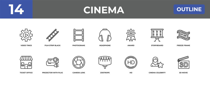outline cinema icons set - video tings, film strip black, cinema celebrity. editable vector for web and mobile ui