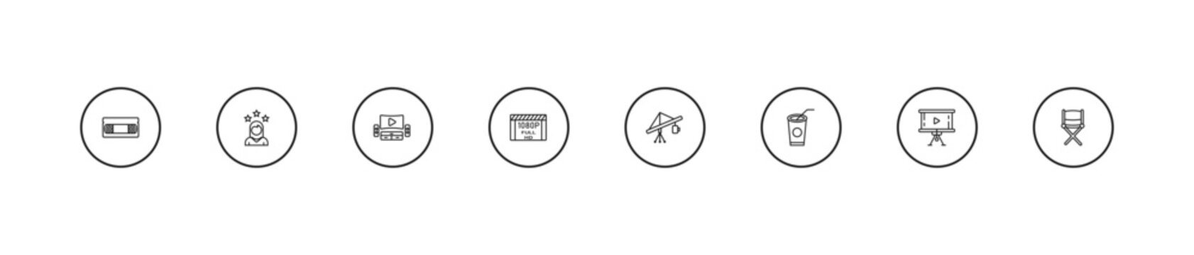 outline cinema icons set - home theater, 1080p full hd, jimmy jib. editable vector for web and mobile ui