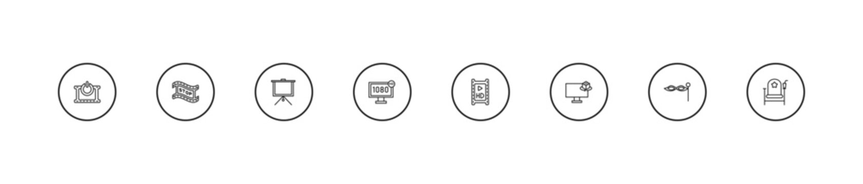 outline cinema icons set - fabric for movies, 1080p hd tv, hd movie. editable vector for web and mobile ui