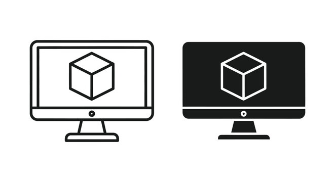 Computer monitor displaying a 3D cube icon vector graphic in outline and solid black versions