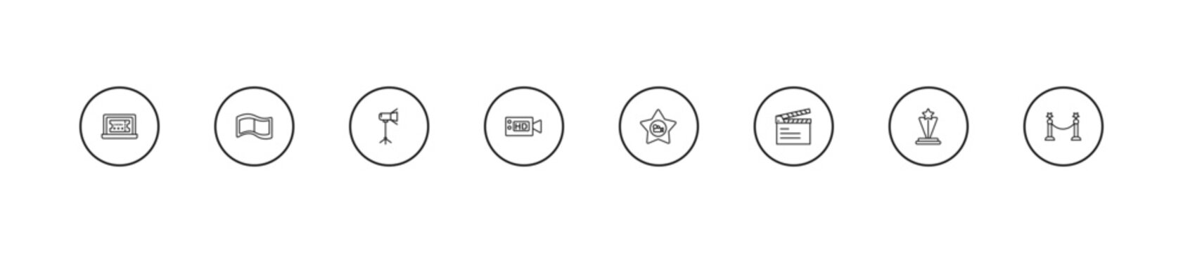 outline cinema icons set - movie light, hd video, film star. editable vector for web and mobile ui