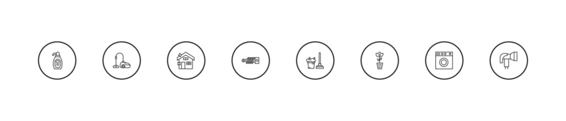 Fototapeta premium outline cleaning icons set - cleaning house, suspension, mop cleanin. editable vector for web and mobile ui