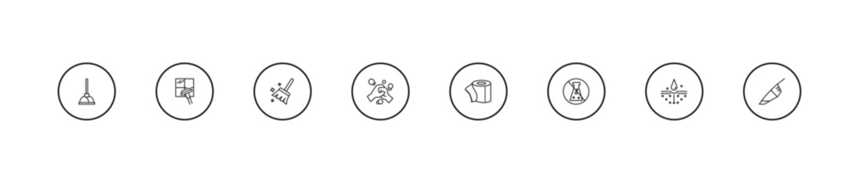 outline cleaning icons set - broom cleanin, washing hand, toilet paper cleanin. editable vector for web and mobile ui