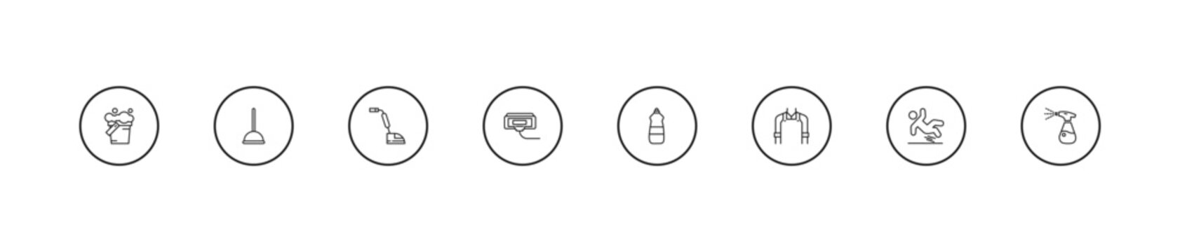 outline cleaning icons set - floor cleaner, compress cleanin, dishwashing detergent. editable vector for web and mobile ui