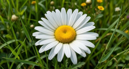 Obraz premium Close up of white daisy flower blooming in green summer meadow