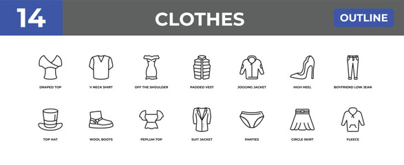 outline clothes icons set - draped top, v neck shirt, circle skirt. editable vector for web and mobile ui © IconArt