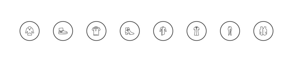 Fototapeta premium outline clothes icons set - polo shirt, ankle boots, kurta. editable vector for web and mobile ui