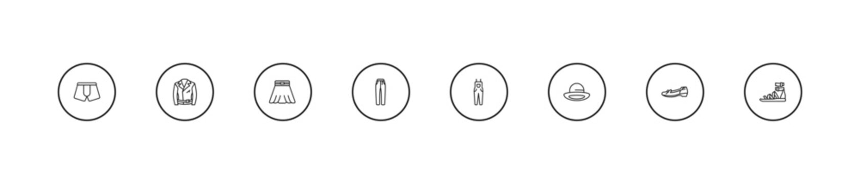 outline clothes icons set - circle skirt, jean, dungarees. editable vector for web and mobile ui