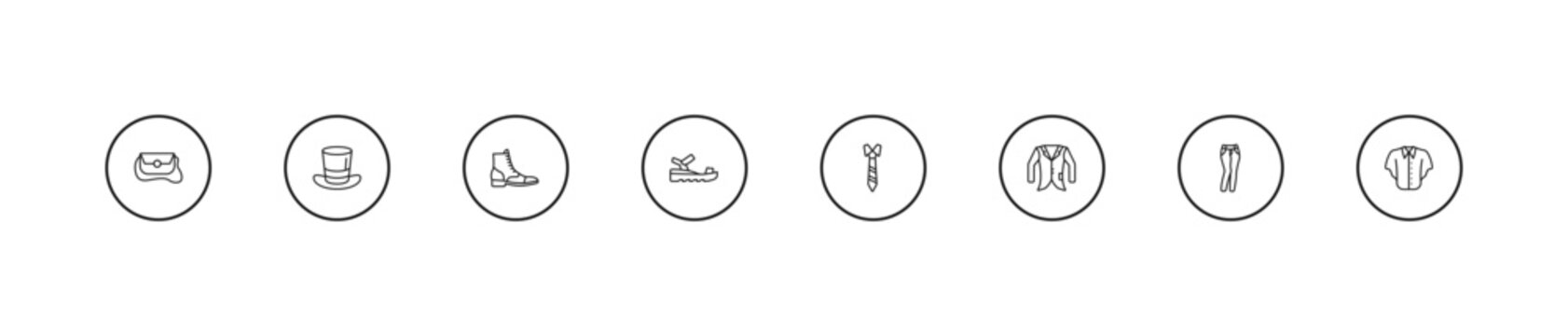 outline clothes icons set - brisk boots, sandals, necktie. editable vector for web and mobile ui
